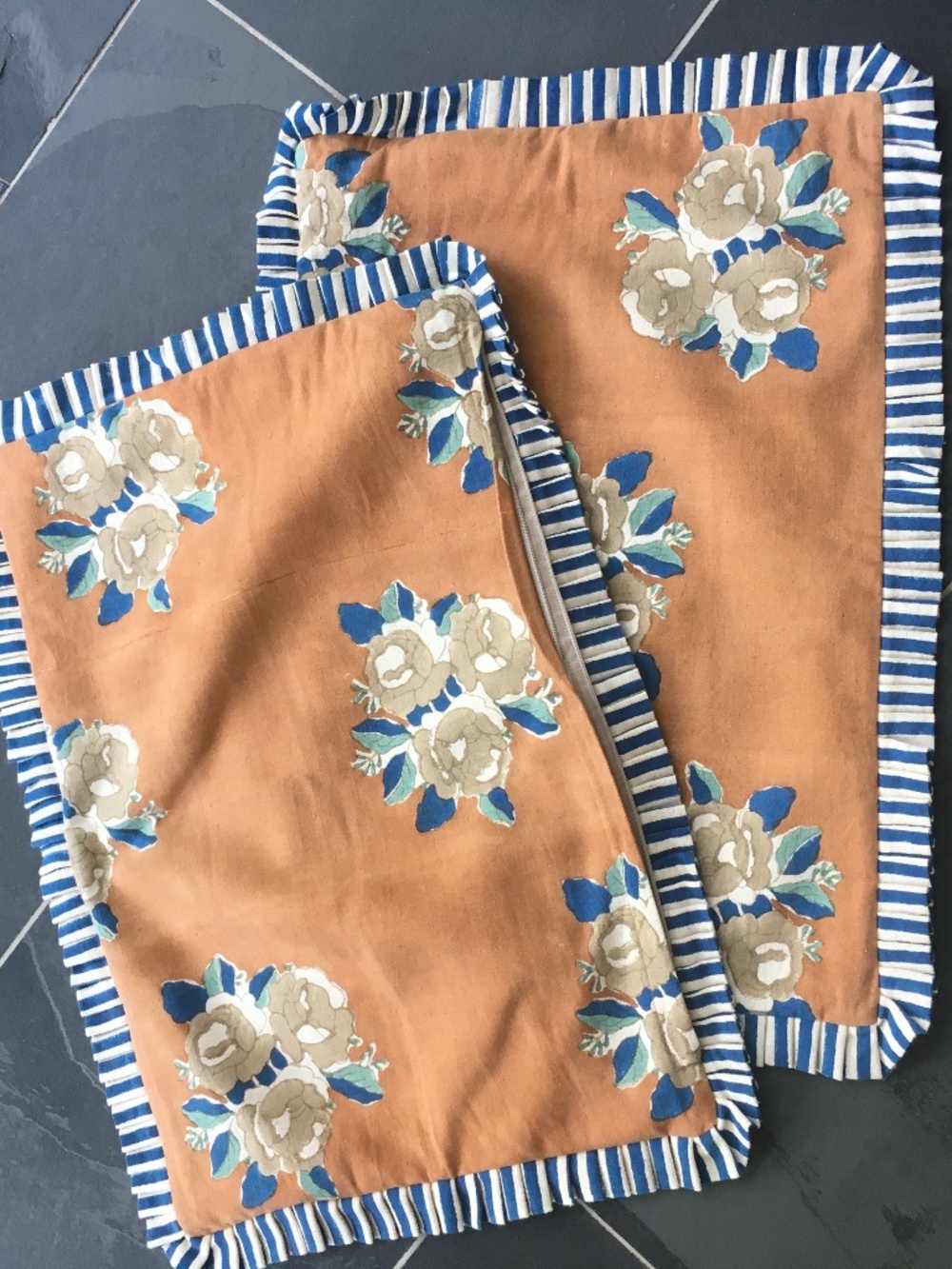 2 Soil to Studio Floral Block Print Pillow Covers with Ruffle Flange